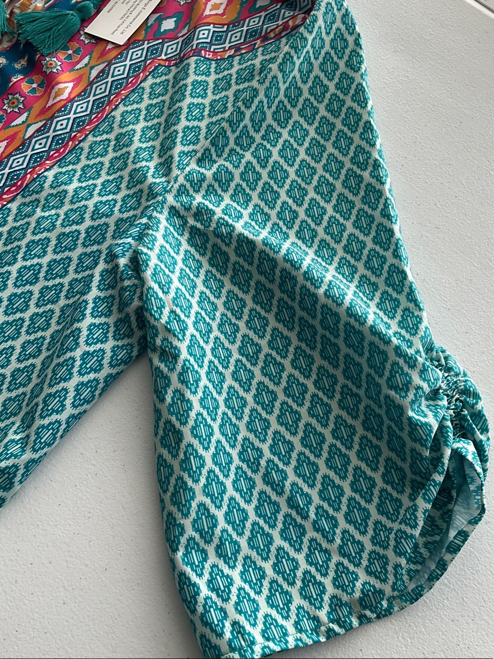 Urban CoCo Boho Tassel Tie Print Tunic - Teal, Pink, Mustard - Picture 3 of 5
